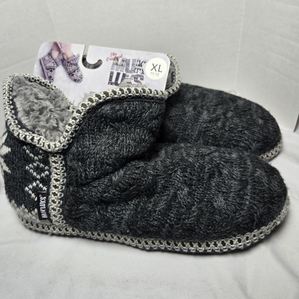 Muk Luks Bootie Slippers Womens XL 11 12 Gray Cableknit Fair Isle Faux Fur Cozy